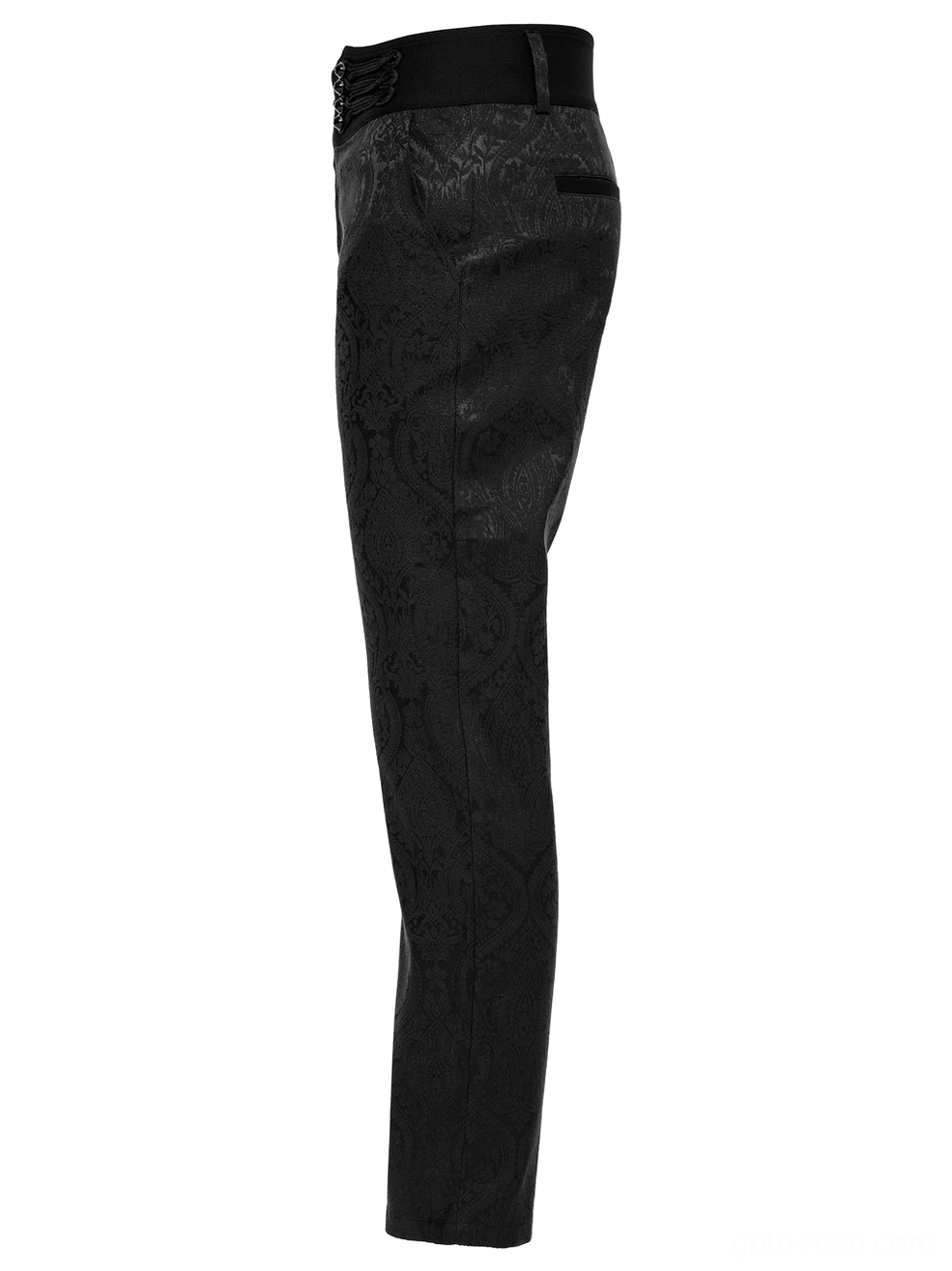Side view flat lay of slim-fit gothic jacquard trousers showing straight leg silhouette