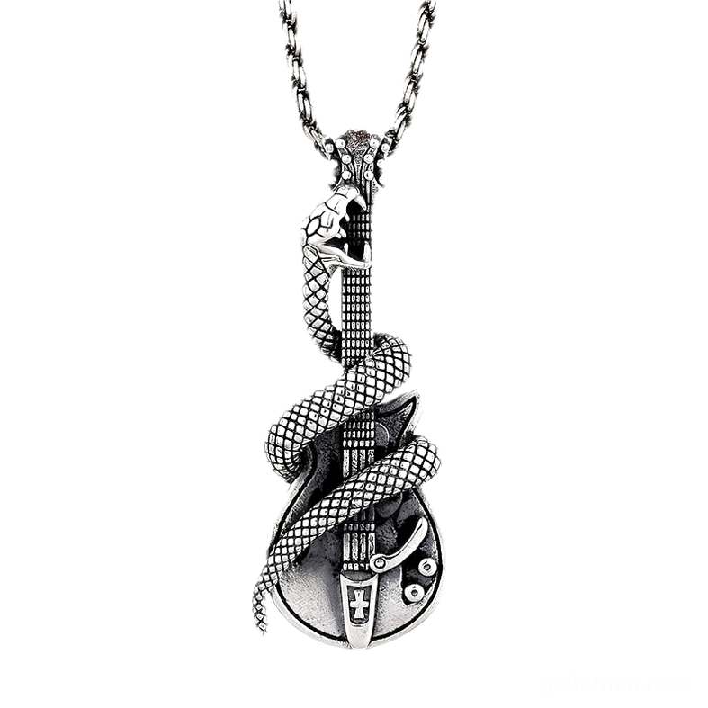 Sterling silver snake guitar gothic pendant necklace front view on white background