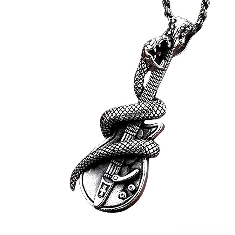 Three-quarter view of coiled snake wrapped around guitar pendant with scale texture