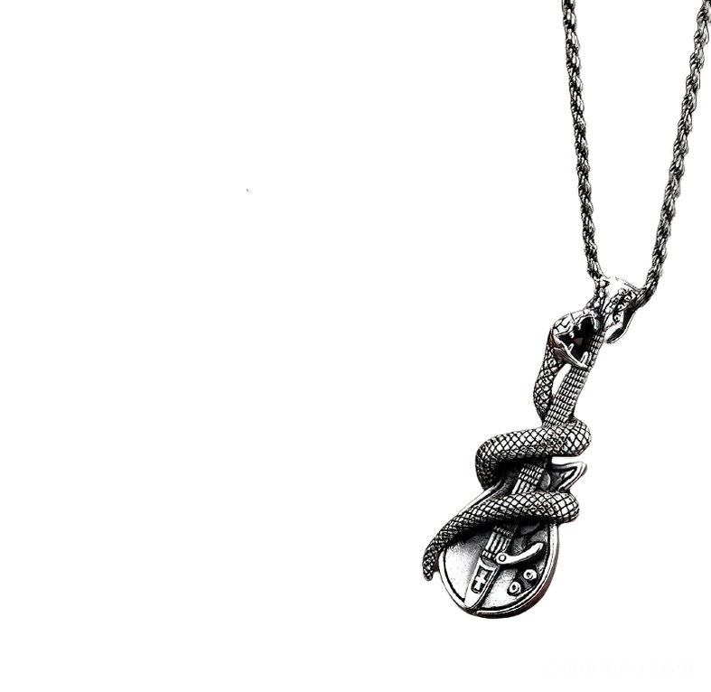 Snake guitar pendant necklace with twisted wheat silver chain