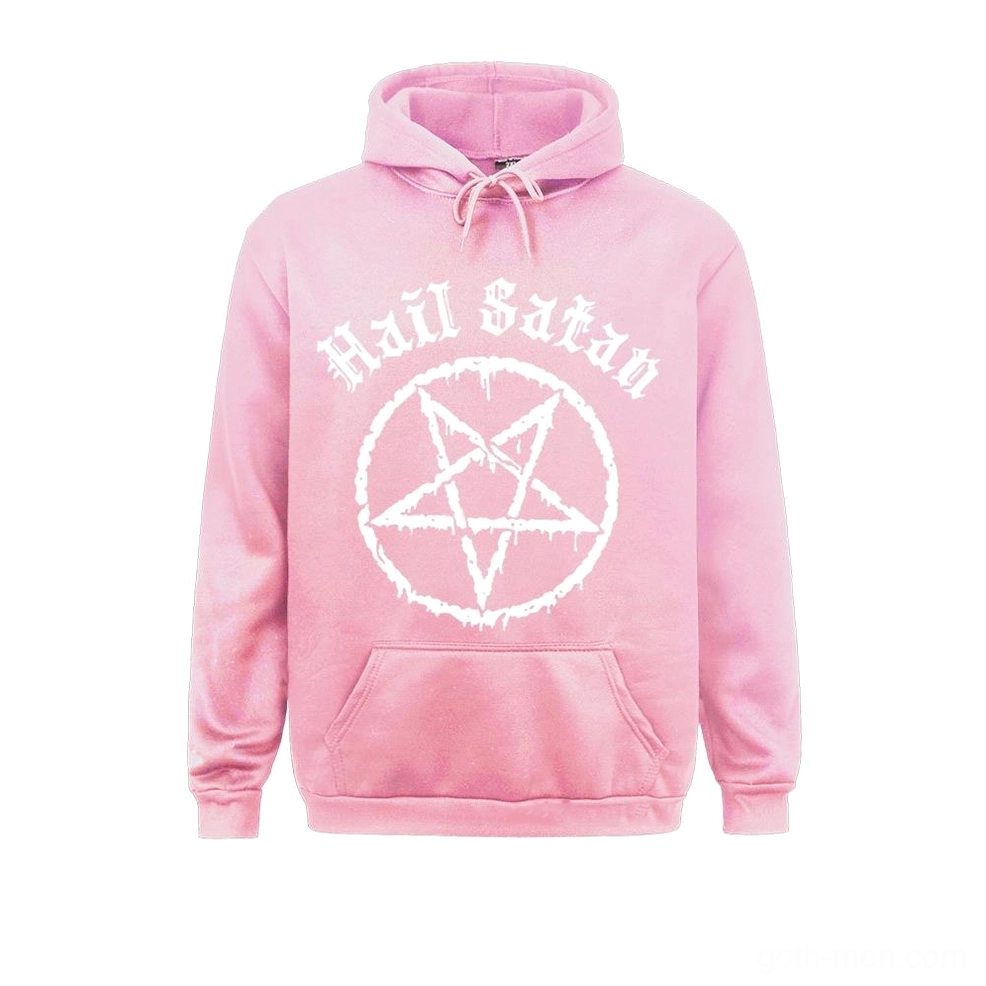Soft pink goth romance hoodie with white pentagram and gothic logo, feminine alternative fashion sweatshirt