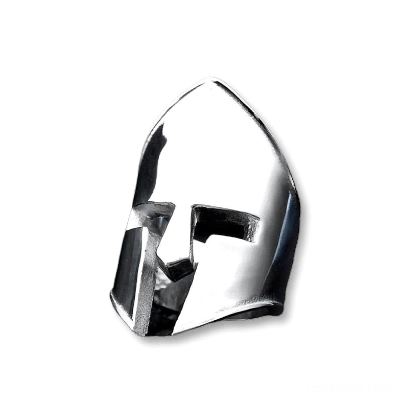 Spartan knight helmet gothic ring stainless steel front view polished silver