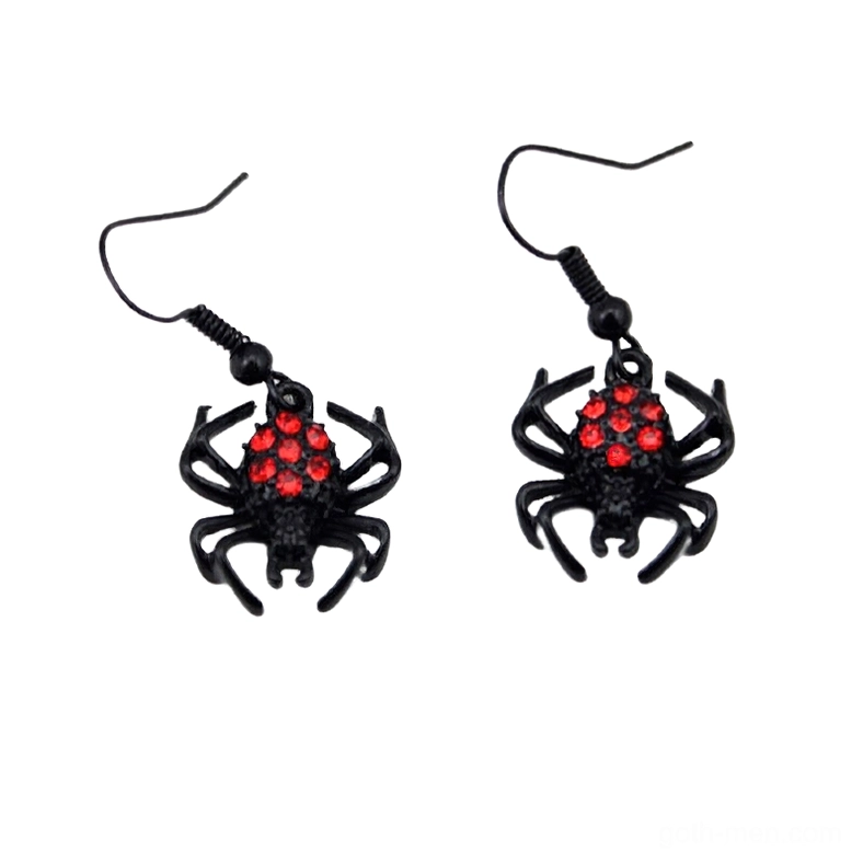 Black spider drop earrings with red rhinestone abdomen, side angle view on white background, dark aesthetic jewelry