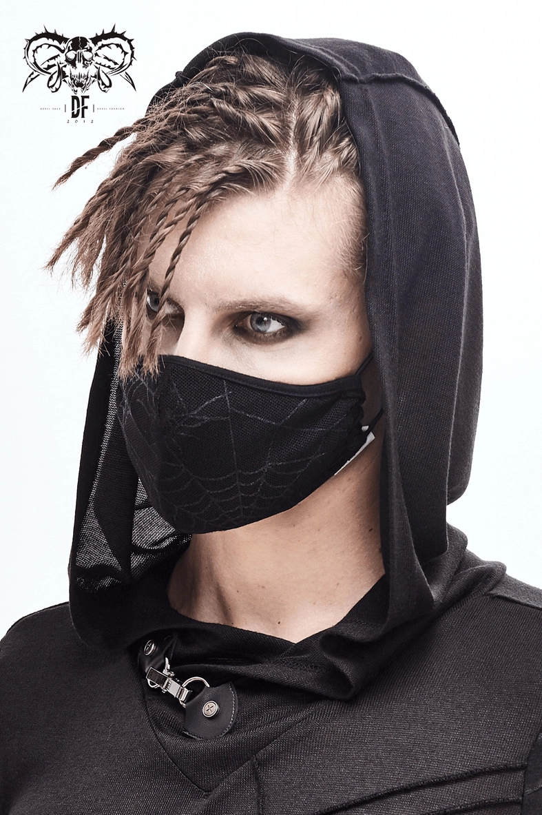 Complete black spiderweb gothic face mask with all components, cord locks, and filter pocket visible