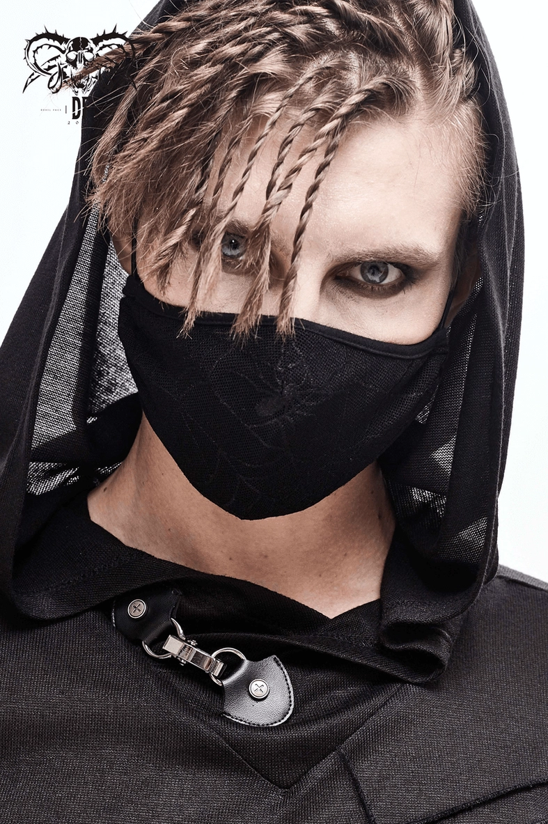 Spiderweb gothic face mask material texture detail showcasing breathable black knit fabric weave