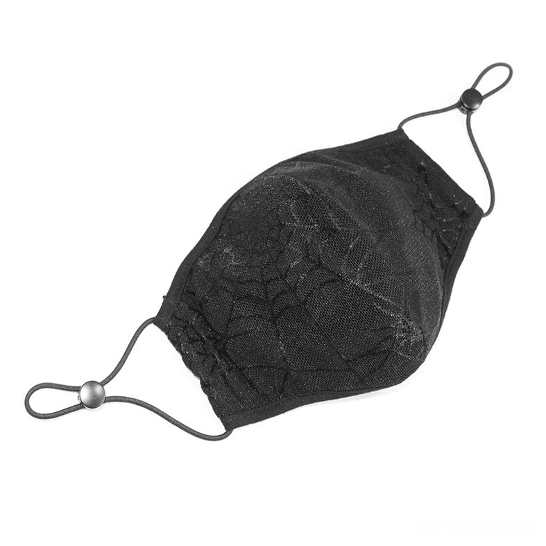 Black spiderweb gothic face mask flat lay with adjustable black cord lock ear strap details