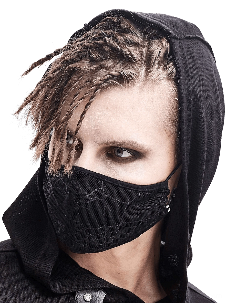 Male model wearing black gothic spiderweb face mask with braided hair, front half-face view on white background