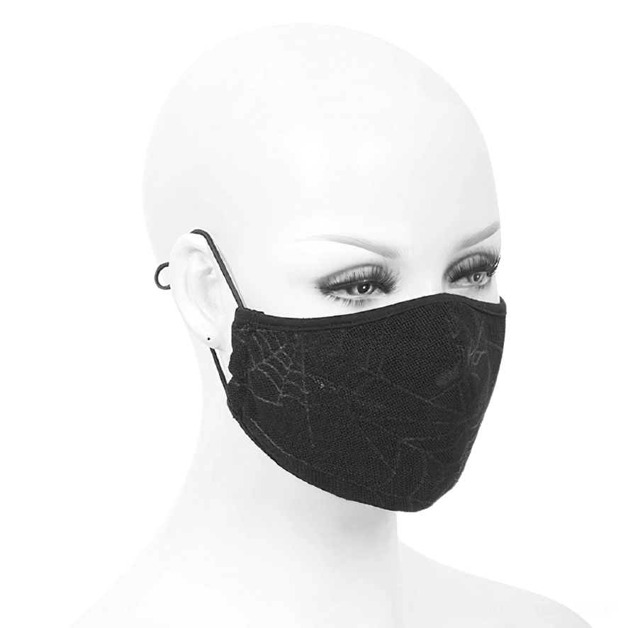 Contoured black spiderweb gothic face mask on bald mannequin, left side profile showing fitted design
