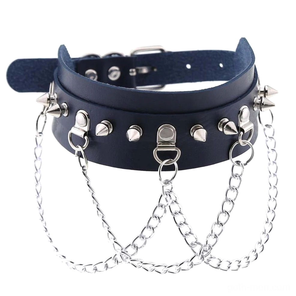 Vegan leather spiked choker alternative angle view showing spike arrangement and chain attachment structure