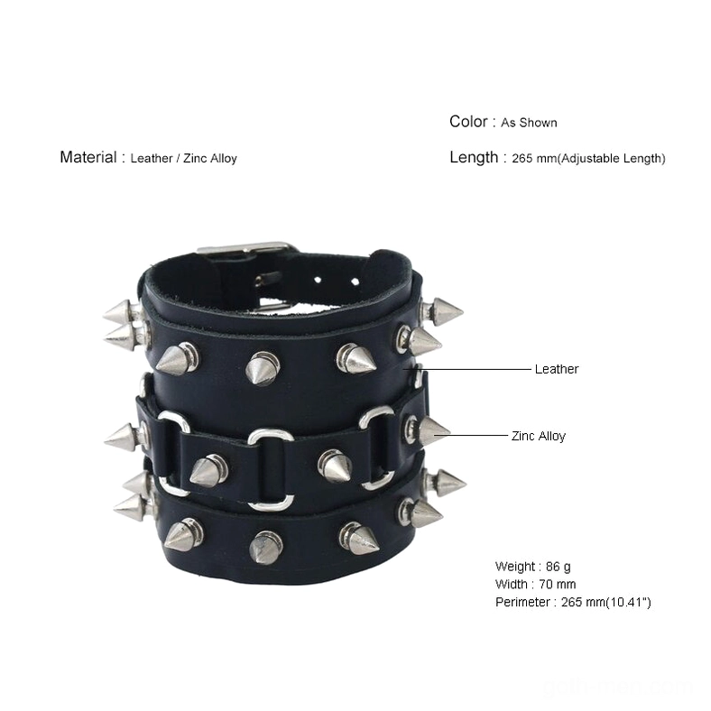 Annotated front view of gothic spike bracelet with labeled material specifications and adjustable length markings