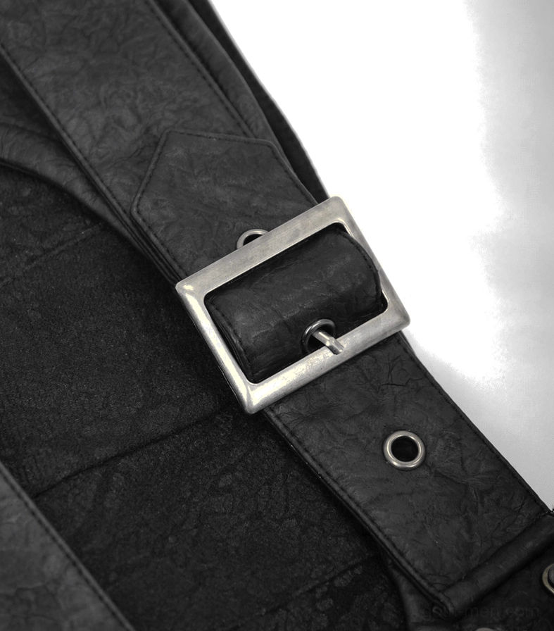 Square metal buckle and adjustable leather strap closure mechanism on black asymmetric kilt skirt