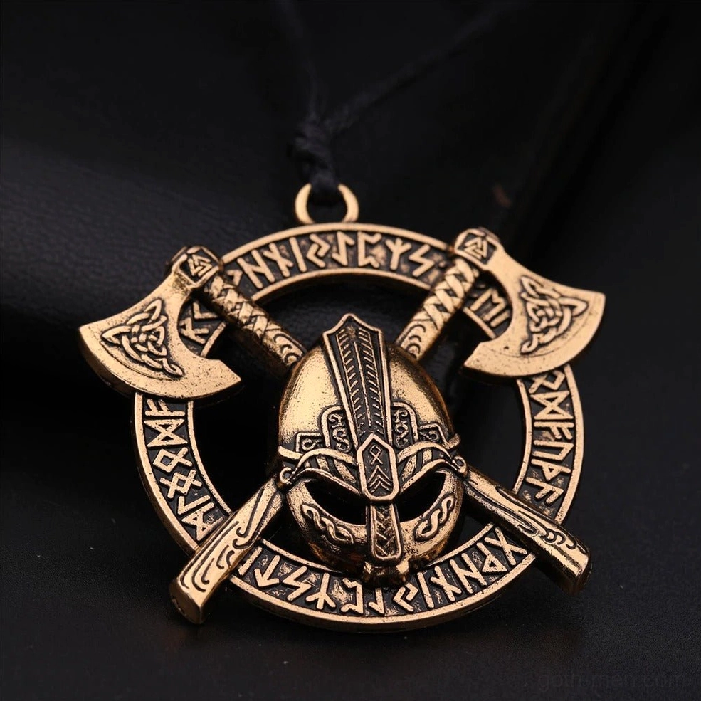 Stainless steel gothic axe pendant with detailed rune engravings and rope chain
