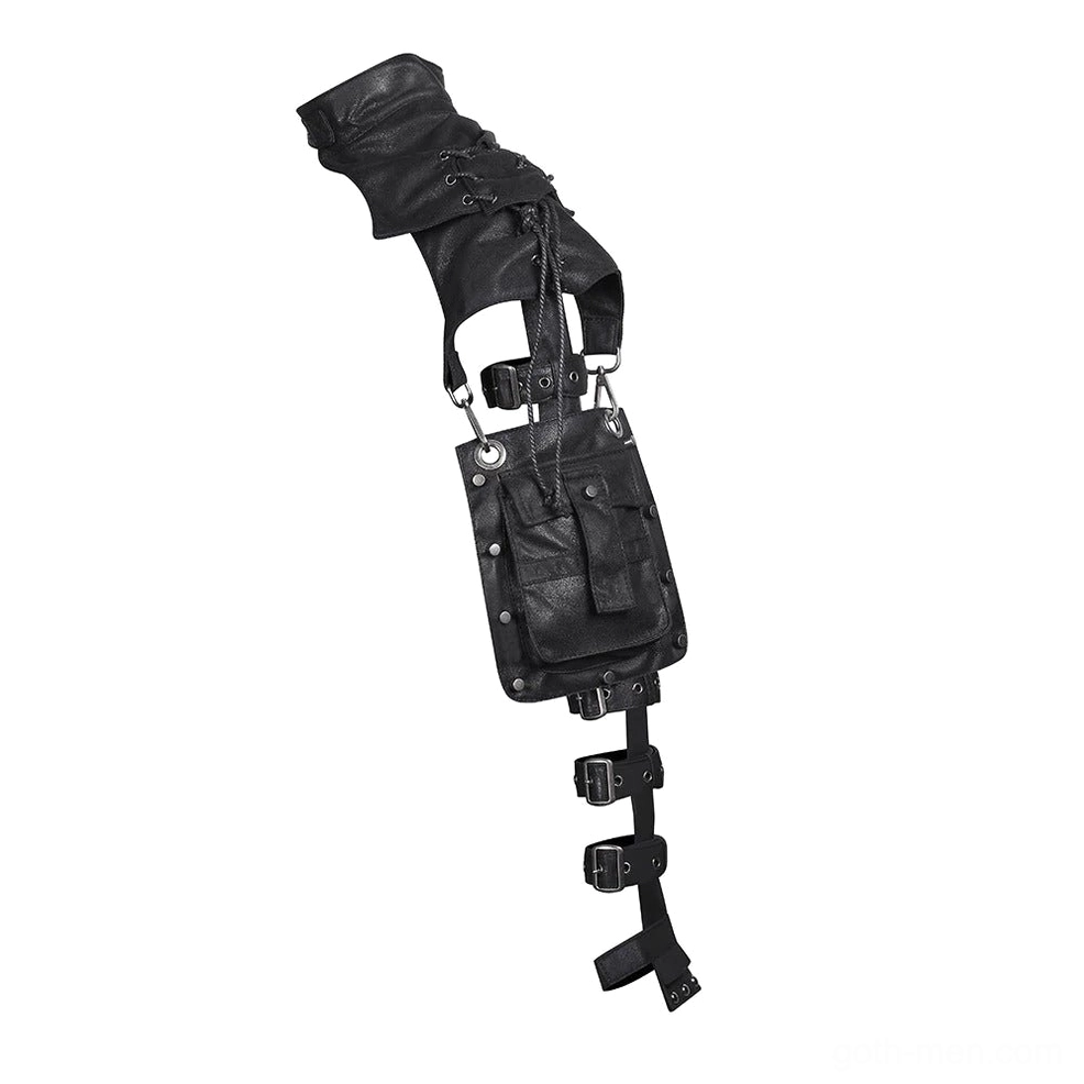 Detachable black steampunk arm pouch with metal studs and hasp closure, isolated product detail shot