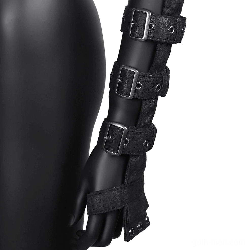 Side view close-up of black steampunk arm strap showing adjustable buckles and PU leather craftsmanship