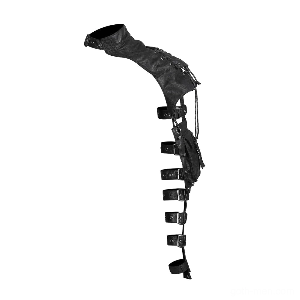 Black PU leather arm strap accessory with stacked adjustable buckles, steampunk hardware detail close-up