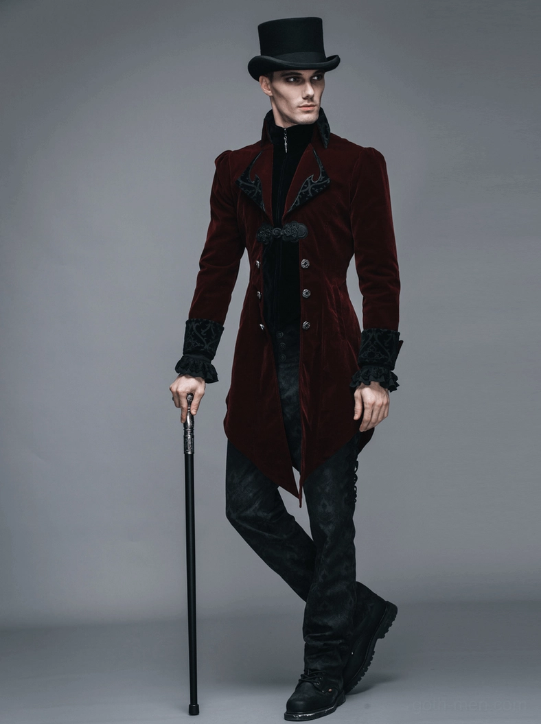 Steampunk burgundy gothic tailcoat showing asymmetrical tail hem and fitted waist construction