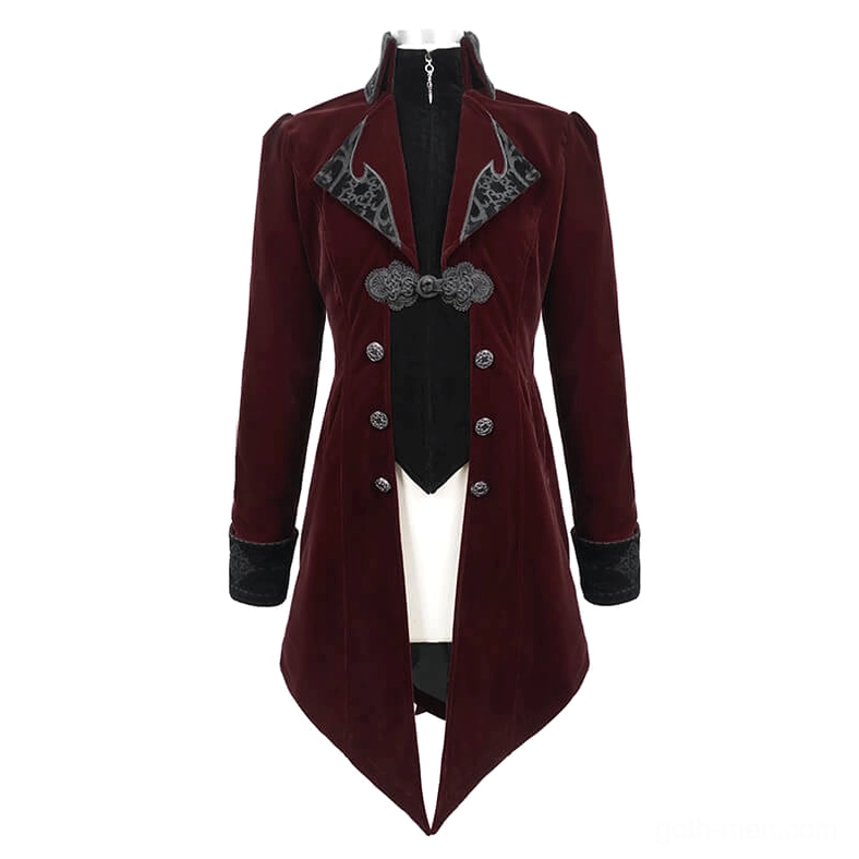 Burgundy gothic steampunk velvet coat front full body view on mannequin with mock vest and asymmetrical tail