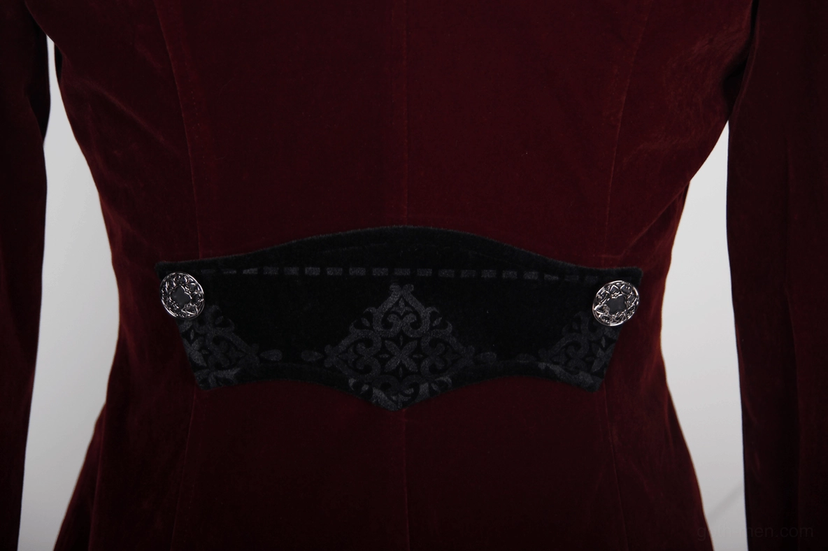 Top close-up view of steampunk gothic coat waistband featuring embossed velvet trim and round metal buttons