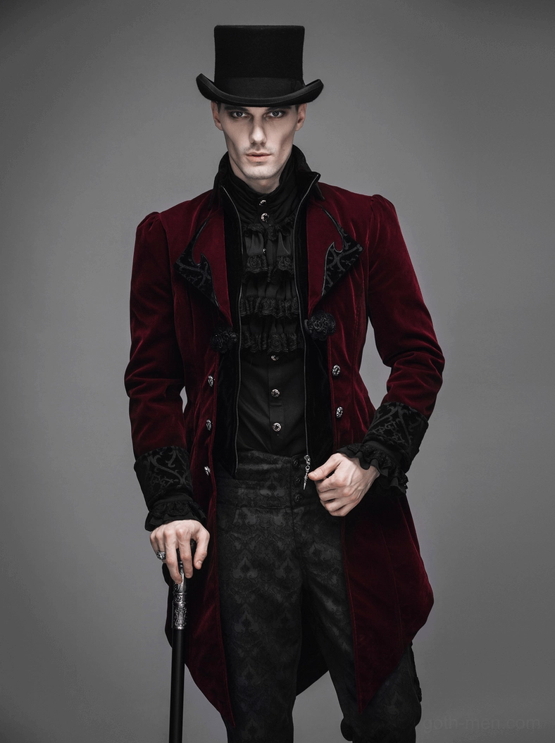 Steampunk gothic burgundy coat showing overall silhouette with puffed shoulders and split tail hemline