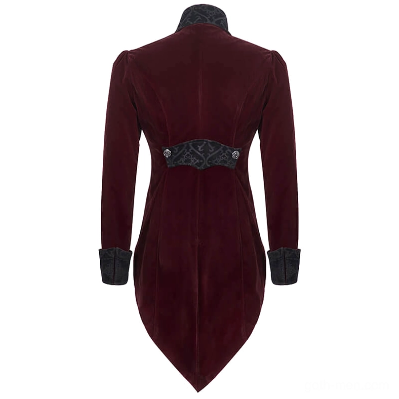 Steampunk burgundy velvet gothic coat rear mannequin view with puffed shoulders and tailored waist panel