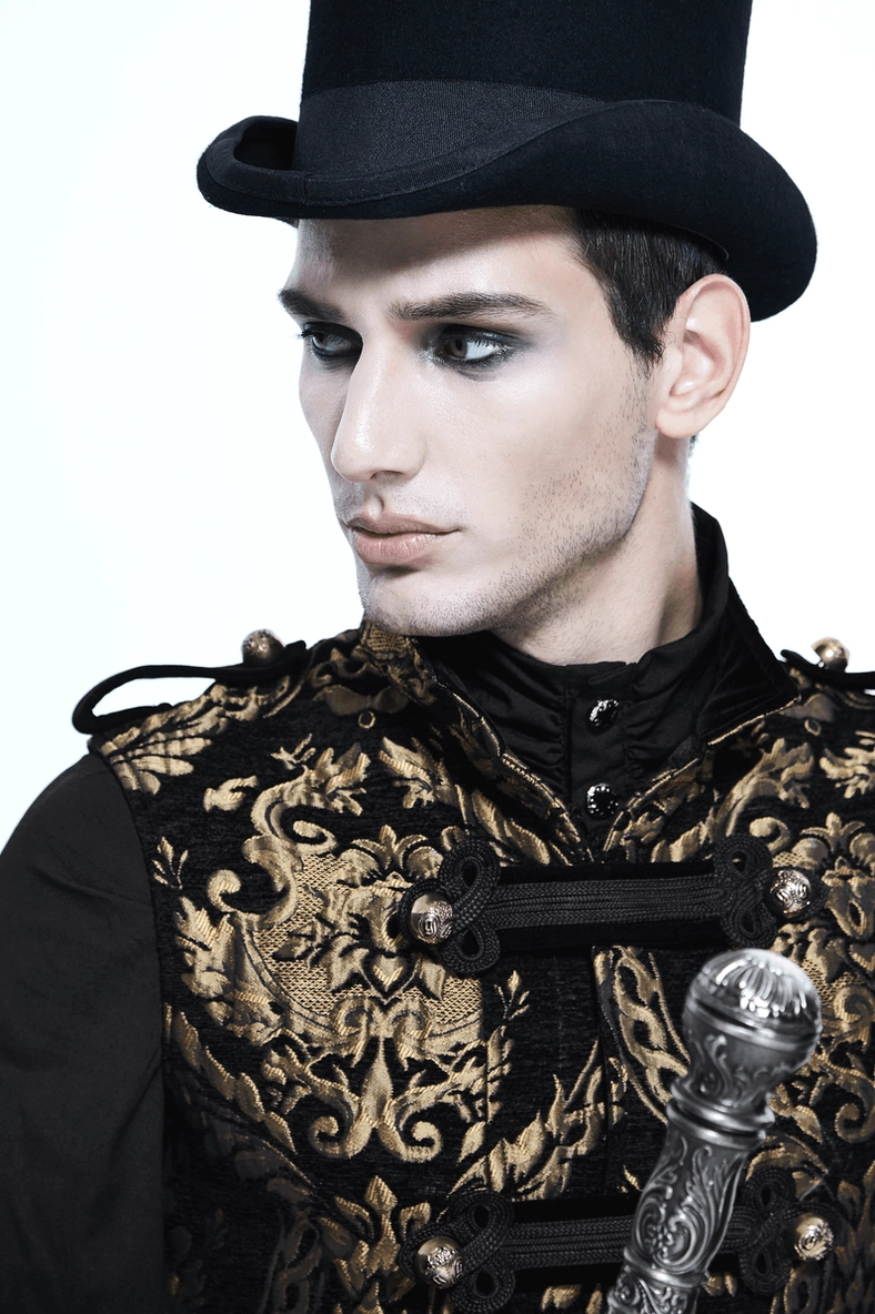 Steampunk gothic sleeveless long coat with gold embroidered frog button placket details