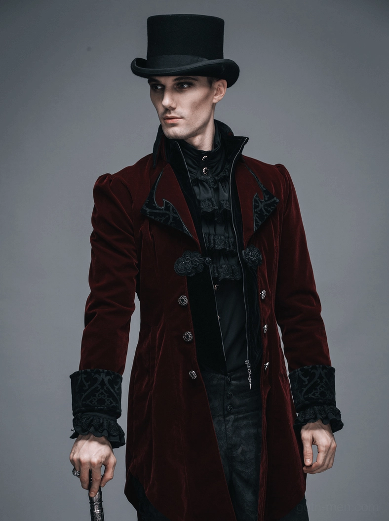 Gothic steampunk velvet coat detail view of embroidered trim work and structural design elements