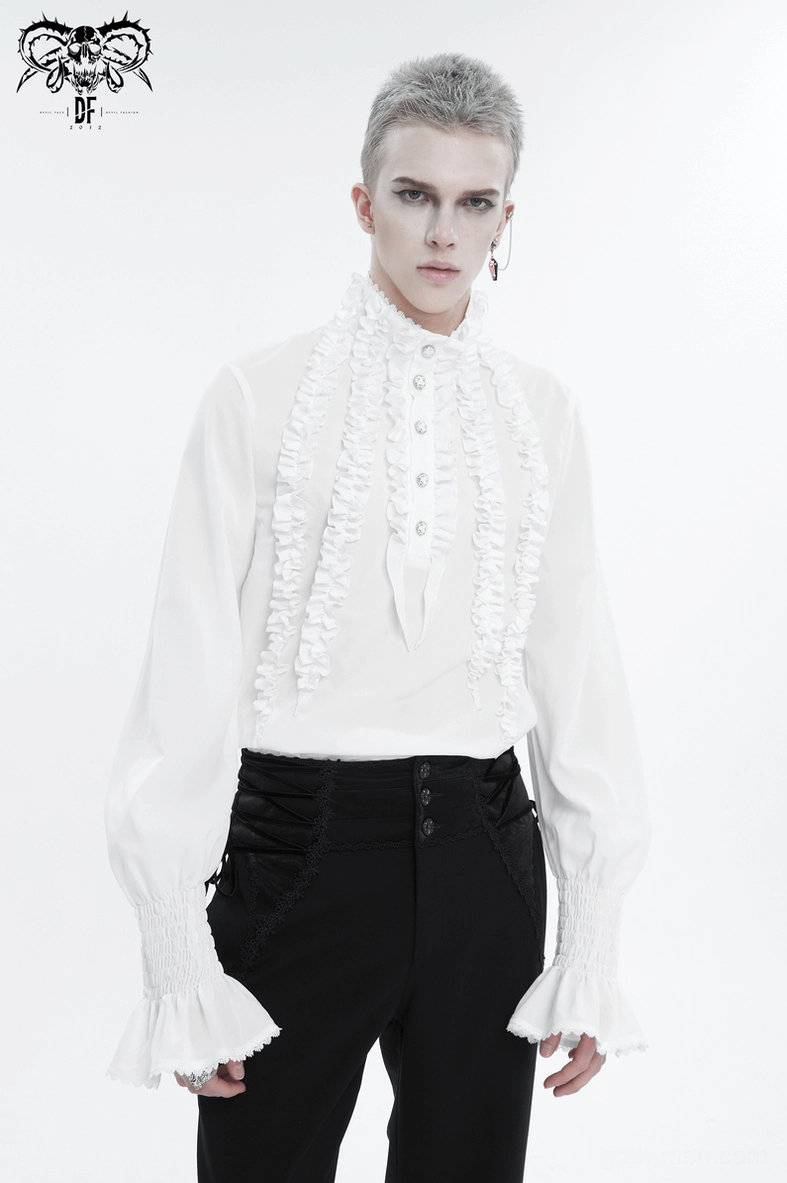 Steampunk gothic white ruffled dress shirt with theatrical bishop sleeves style
