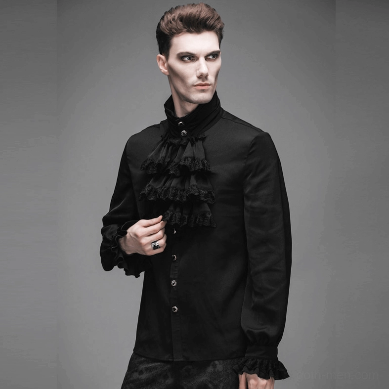 Three-quarter front view of men's steampunk jabot ruffled shirt on male model, emphasizing ornate neck decoration and fabric drape