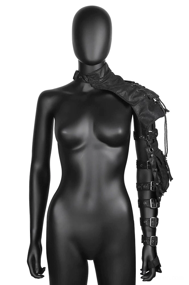 Black steampunk shoulder bag front view on mannequin with lace-up design and gothic aesthetic, demonstrating crossbody wear style