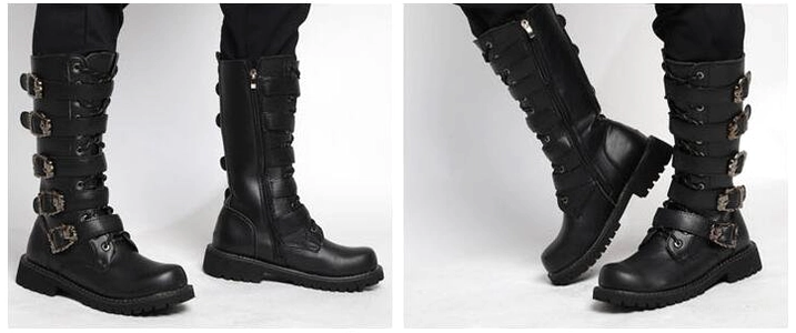 Steampunk gothic boots featuring prominent skull metal buckles and authentic combat boot construction