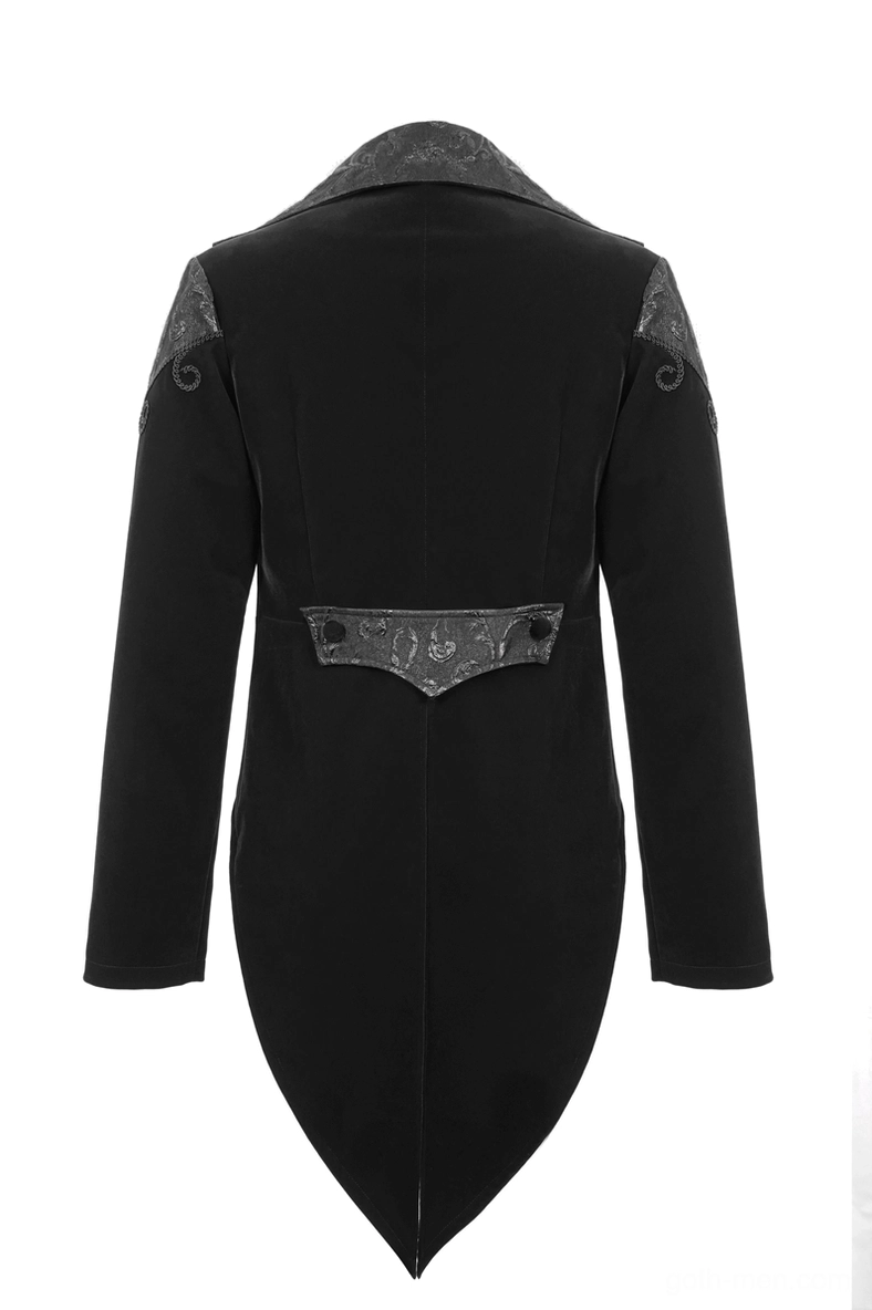 Steampunk black velvet tailcoat back flat lay view on mannequin displaying rear waist decorative plate and tail hem