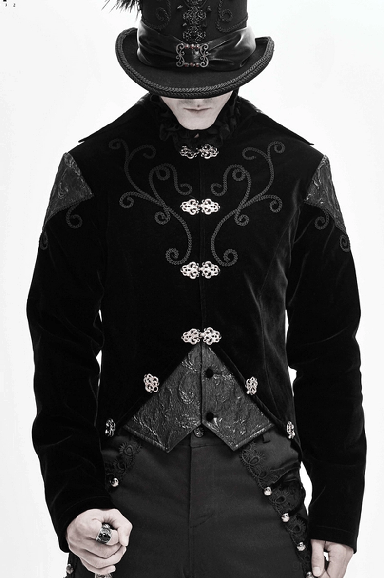 Steampunk tailcoat rear view on model displaying back embroidered panels long tail hem and overall silhouette