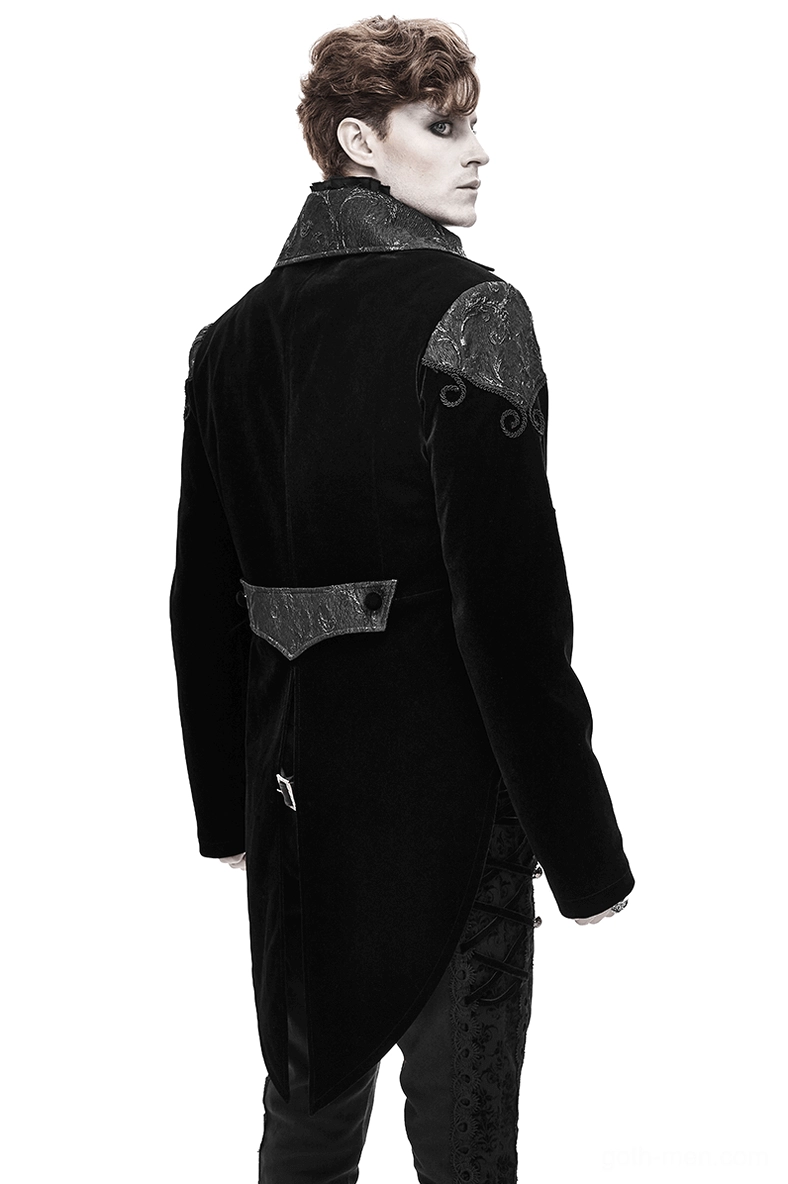 Steampunk gothic tailcoat back view showing extended hem and embroidered shoulder patches, rear silhouette on male model