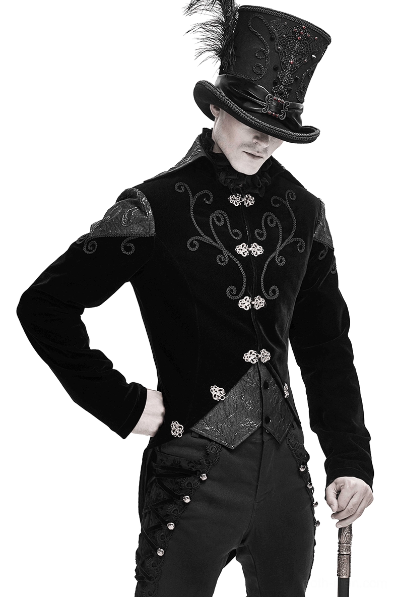 Black velvet steampunk tailcoat with ornate embroidery front view on male model wearing top hat, studio photography