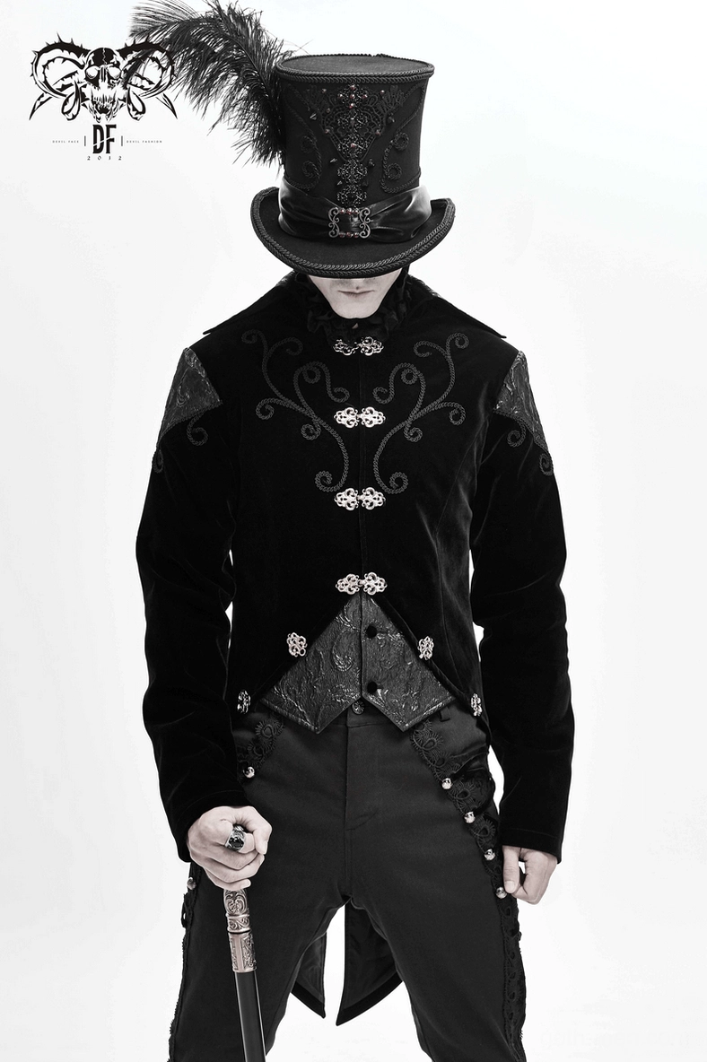 Gothic steampunk black velvet tailcoat front three-quarter view showing embroidery placement and button arrangement
