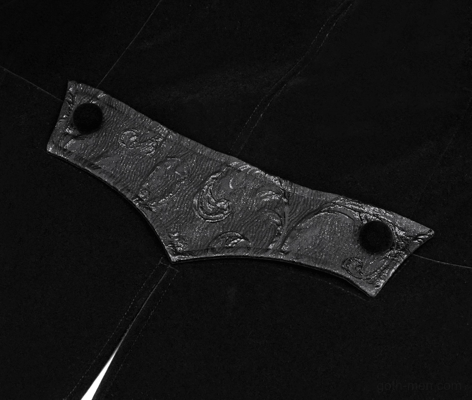 Gothic steampunk black velvet tailcoat front detail on model showing extended hem and metal button accents