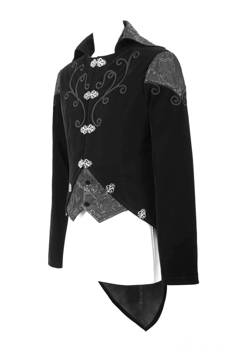 Gothic steampunk tailcoat three-quarter front flat view mannequin showing tailored collar and waist panel decoration
