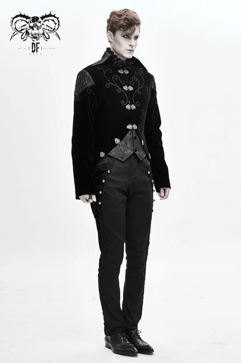 Steampunk gothic tailcoat full length back view on model showing tail hem extended length and overall proportions