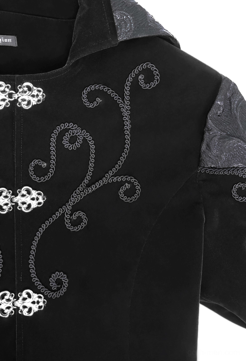 Close-up detail of steampunk tailcoat front ornate metal clasp buttons and embroidered velvet scrollwork