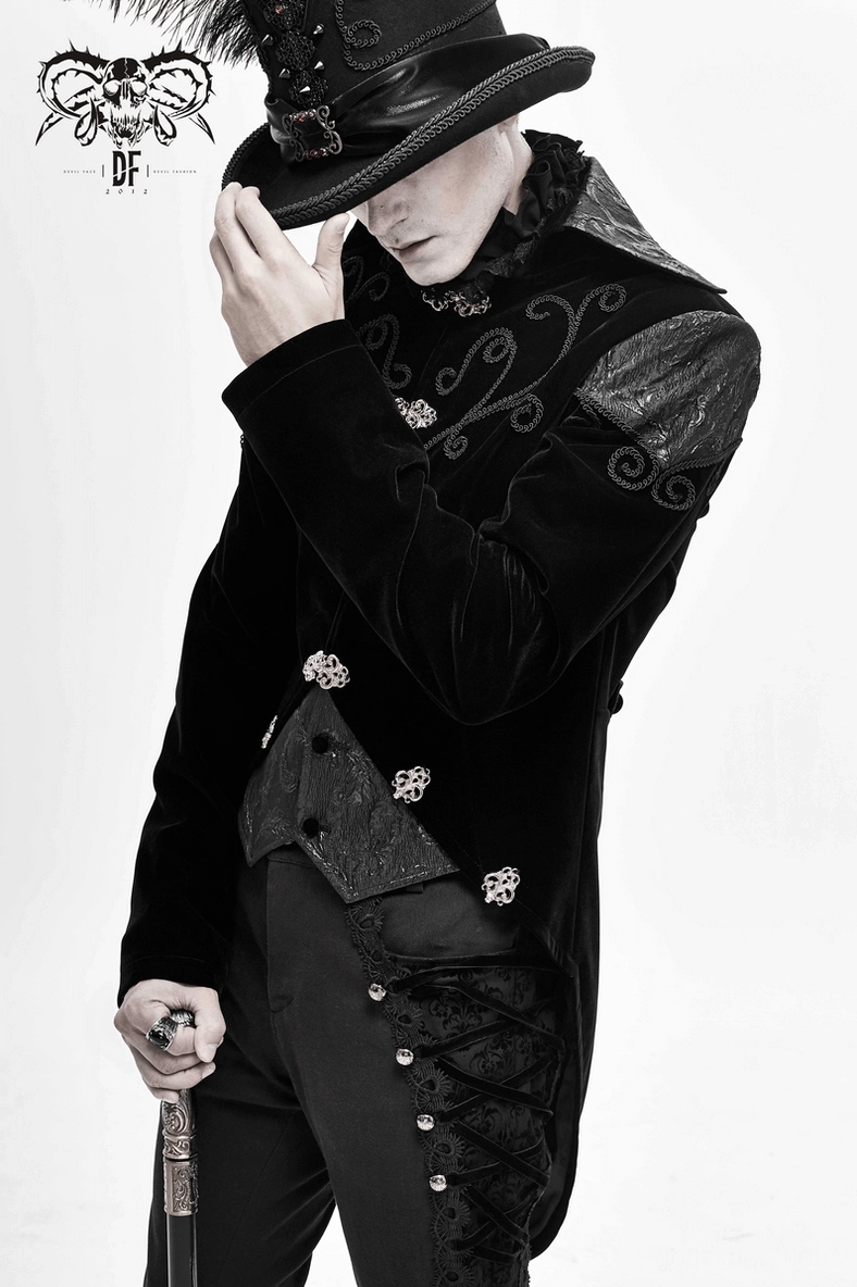 Steampunk tailcoat detail shot showing ornate metal clasps and embroidered velvet panels