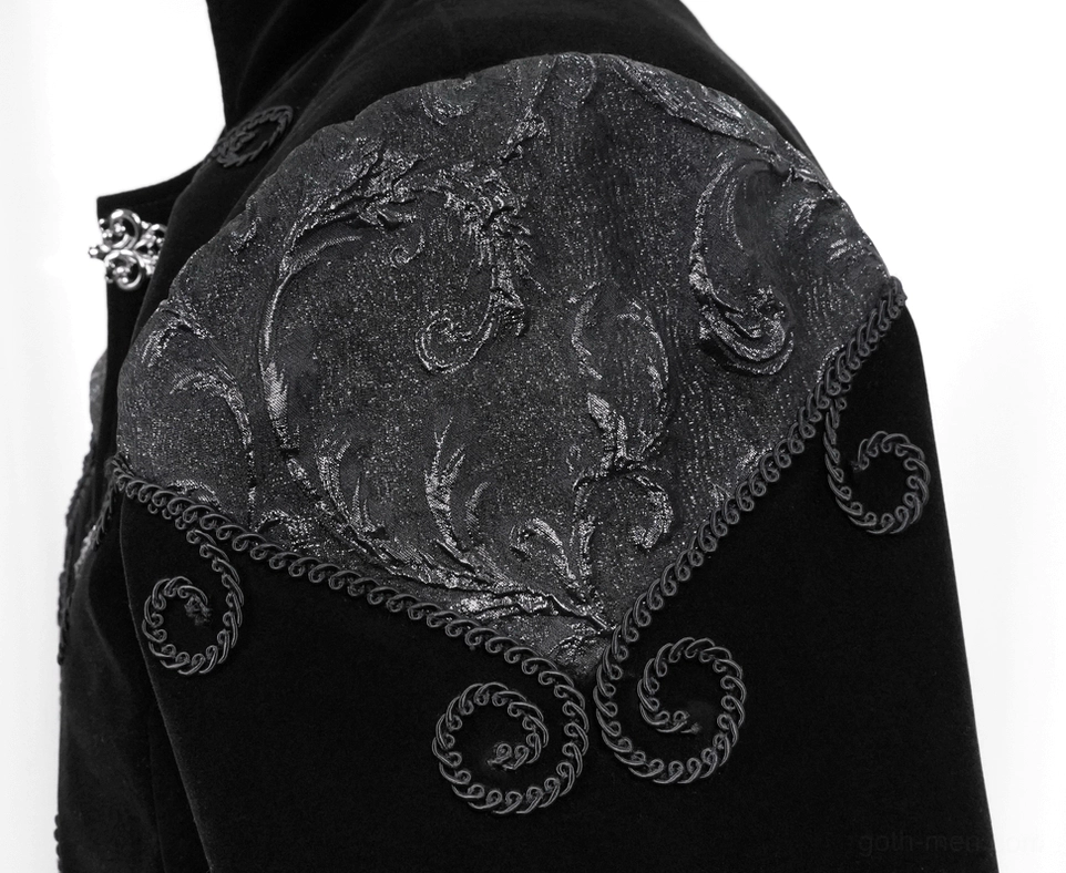 Steampunk tailcoat shoulder patch close-up displaying jacquard embroidered design on black velvet fabric texture