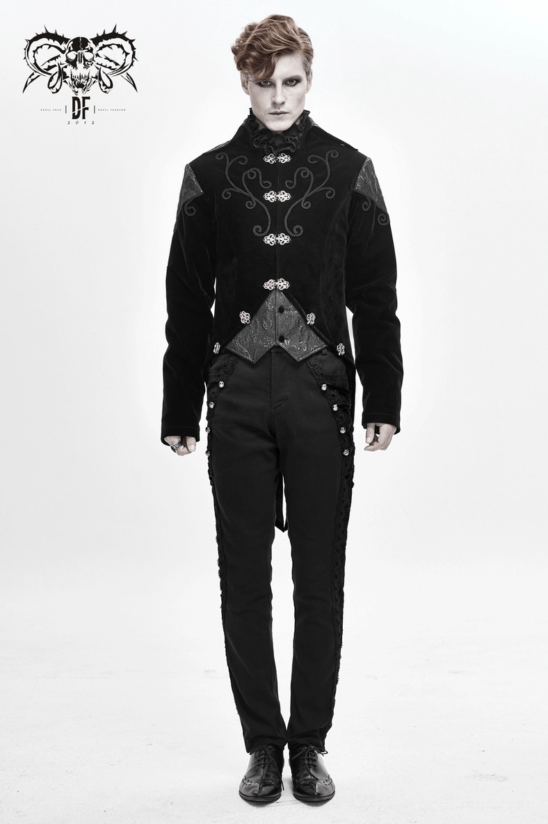 Steampunk tailcoat side view detail showing fitted silhouette structured collar and sleeve construction