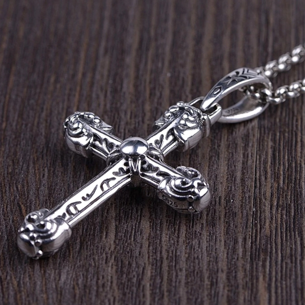 925 sterling silver gothic cross pendant with floral carvings and heavy-duty bail, oblique side angle showcase