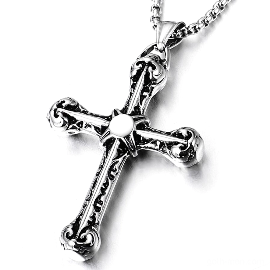 925 sterling silver gothic cross pendant with intricate floral engravings and round center ornament, front close-up view