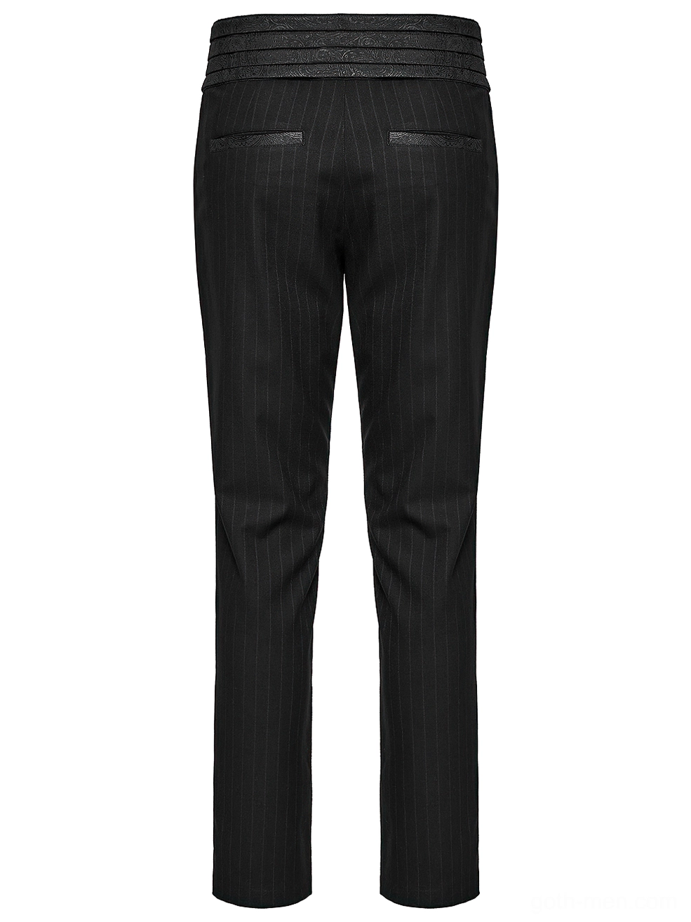Rear flat display of black pinstriped gothic pants, dual back pockets, steampunk Victorian tailoring