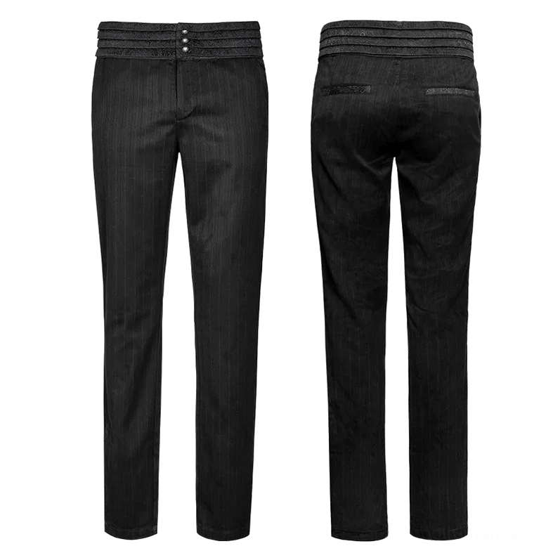 Black pinstripe gothic pants flat lay front and back display, slim fit silhouette, formal alternative wear