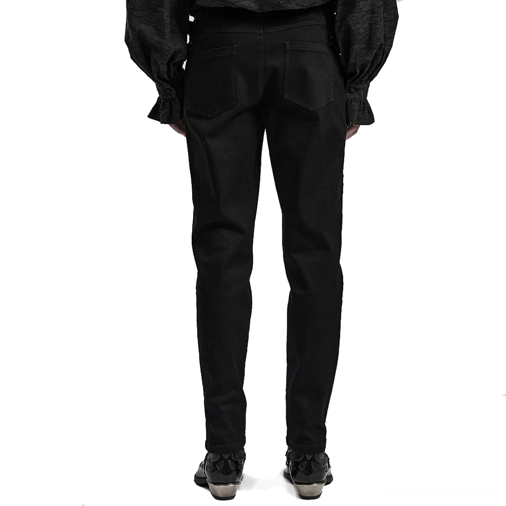 Rear view of black gothic studded denim pants showing back pockets and waist decoration straps