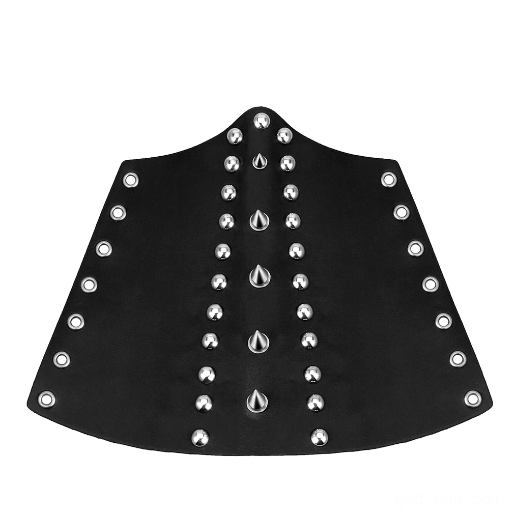 Flat curved studded leather guard from above showing symmetrical arrangement of teardrop and round metal studs on black genuine leather
