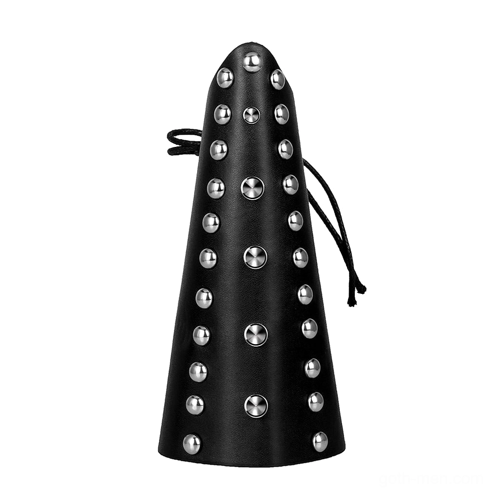 Tall studded leather wrist cuff with rounded metal studs and back lace-up tie, front direct view showcasing vertical stud placement on black leather