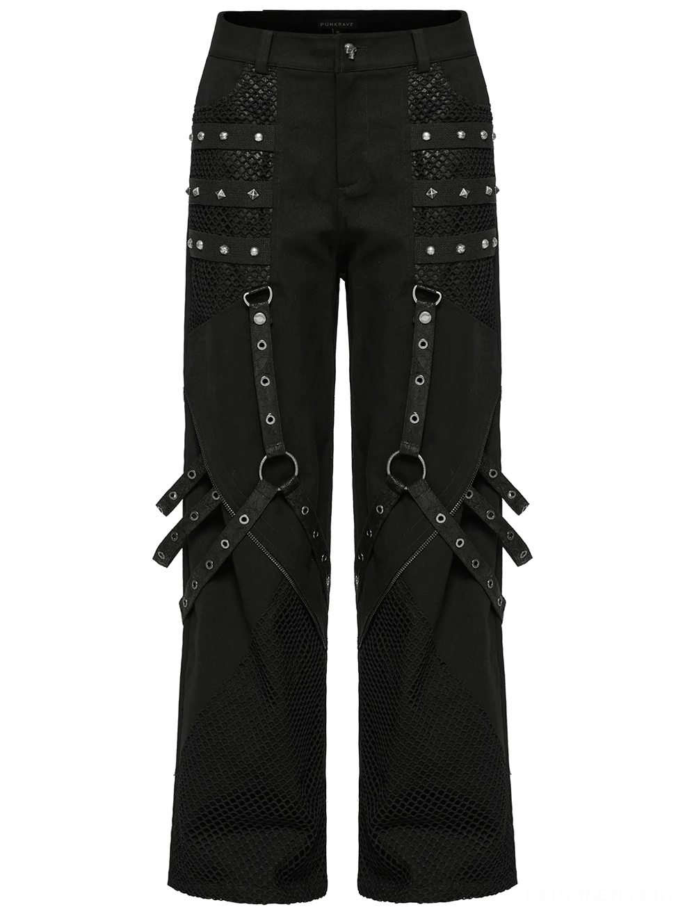 Front flat lay of studded mesh gothic pants with O-ring harness straps and riveted panels